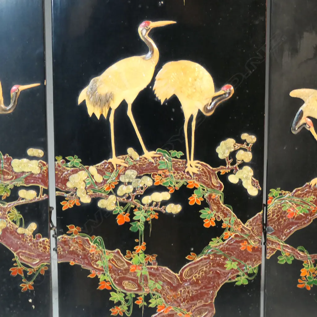 A vintage Chinese export black lacquer four panel screen with carved coloured stone decoration, Image 1++
