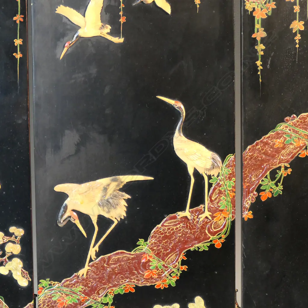 A vintage Chinese export black lacquer four panel screen with carved coloured stone decoration, Image 1++