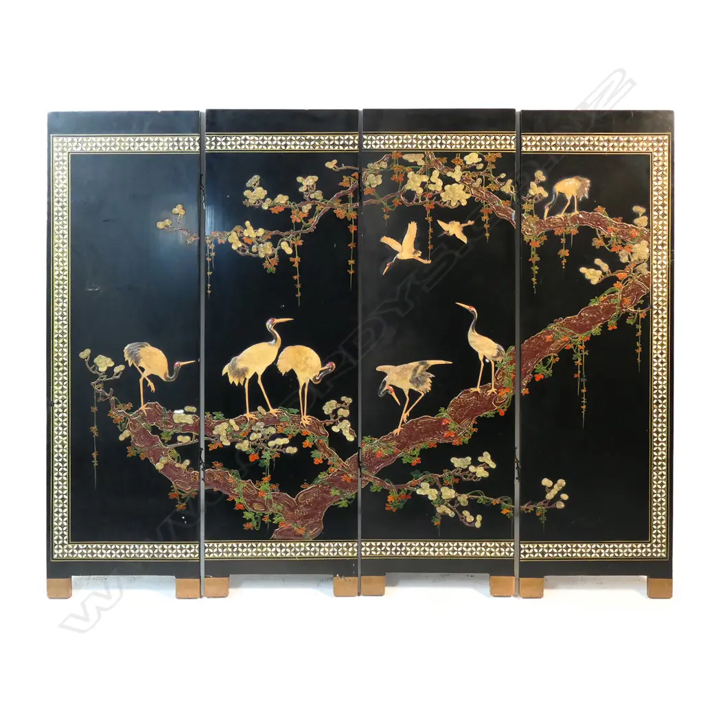 A vintage Chinese export black lacquer four panel screen with carved coloured stone decoration, Image 1++