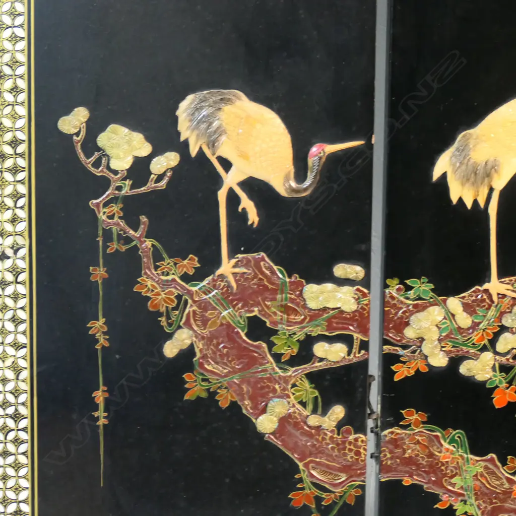 A vintage Chinese export black lacquer four panel screen with carved coloured stone decoration, Image 1++