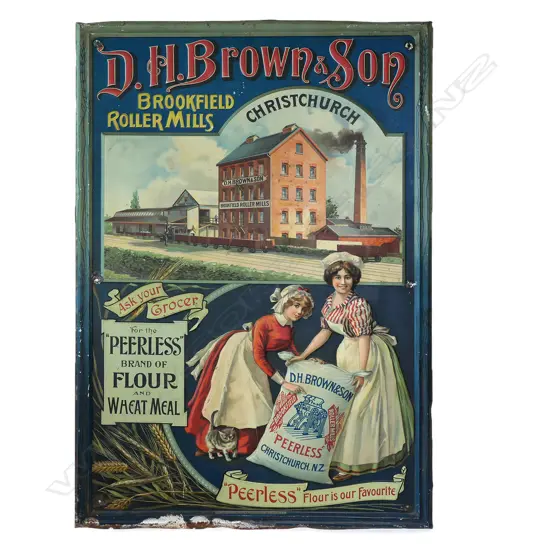 A scarce vintage New Zealand tin sign for D.H. Brown & Son, Brookfield Roller Mills, Christchurch,