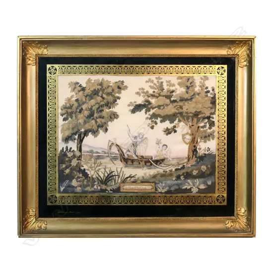 An outstanding French memorial needlework and watercolour on silk, titled 'Tel Est L'amour Filial Le Tem(p)s Ne Saurait Le Fair Passer',