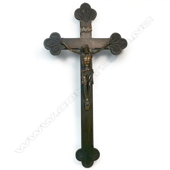 A vintage oak and copper crucifix,
