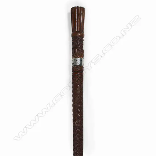 An historic carved teak walking stick with silver ferrule engraved with commemorative inscription for the wreck of the S.S. Wairarapa on Great Barrier Island 1894 with the loss of 137 lives,