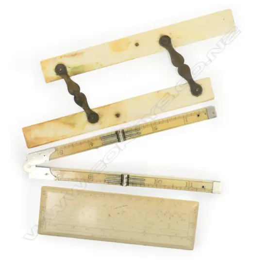 A mid-19thC ivory rectangular protractor, an ivory folding rule and a 6" ivory two-bar parallel rule,