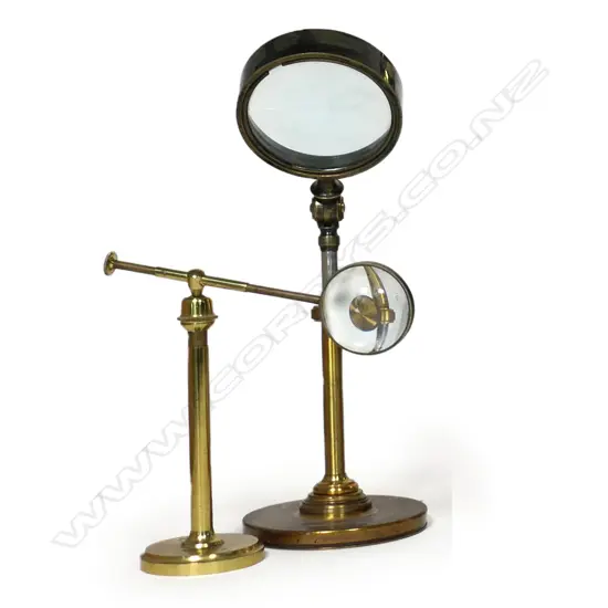 Two 19thC brass standing desk top microscopes,