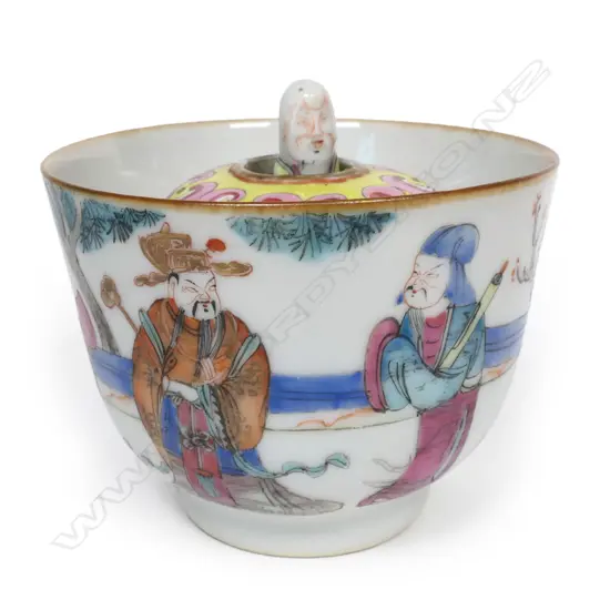 An unusual Chinese famille rose tea bowl with 'rising figure' of Shao Lao to the well,