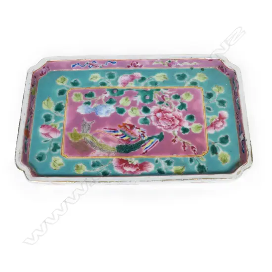 A nyonya ware (Straits Chinese) famille rose porcelain small tray. NOTE: small repainted area of tail of bird.