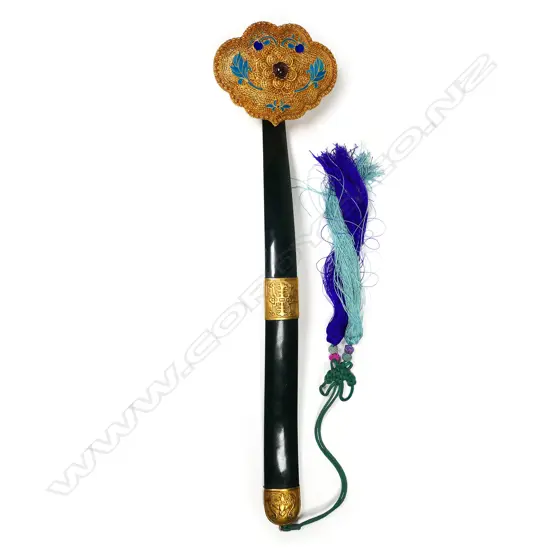 A Chinese dark green jade and elaborate silver gilt ruyi sceptre,