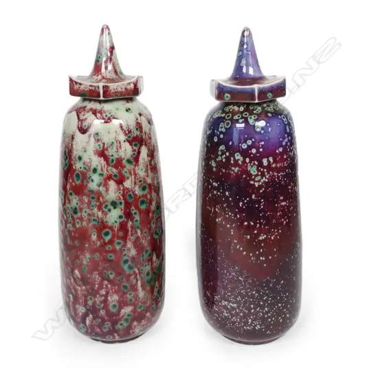 Two Cobridge Stoneware high fired Ruskin type lidded tall jars,