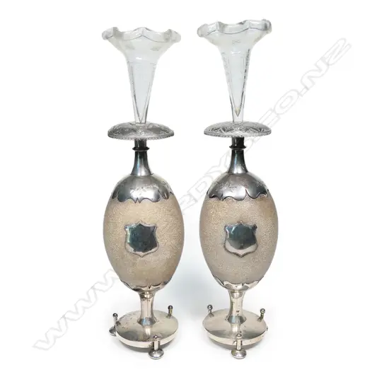 An impressive pair of 19thC colonial silver mounted emu egg epergnes
