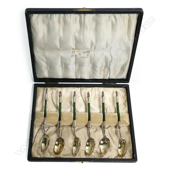 A boxed set of NZ silver and pounamu coffee spoons,