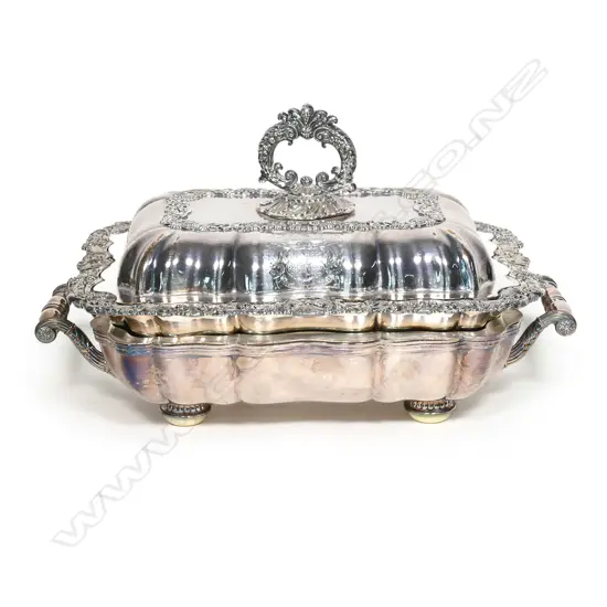 A Regency Old Sheffield Plate water bath entrée dish and cover, engraved coat-of arms and motto of Major-General Sir Robert John Harvey CB, KTS, FRS, FAS (1785-1860),