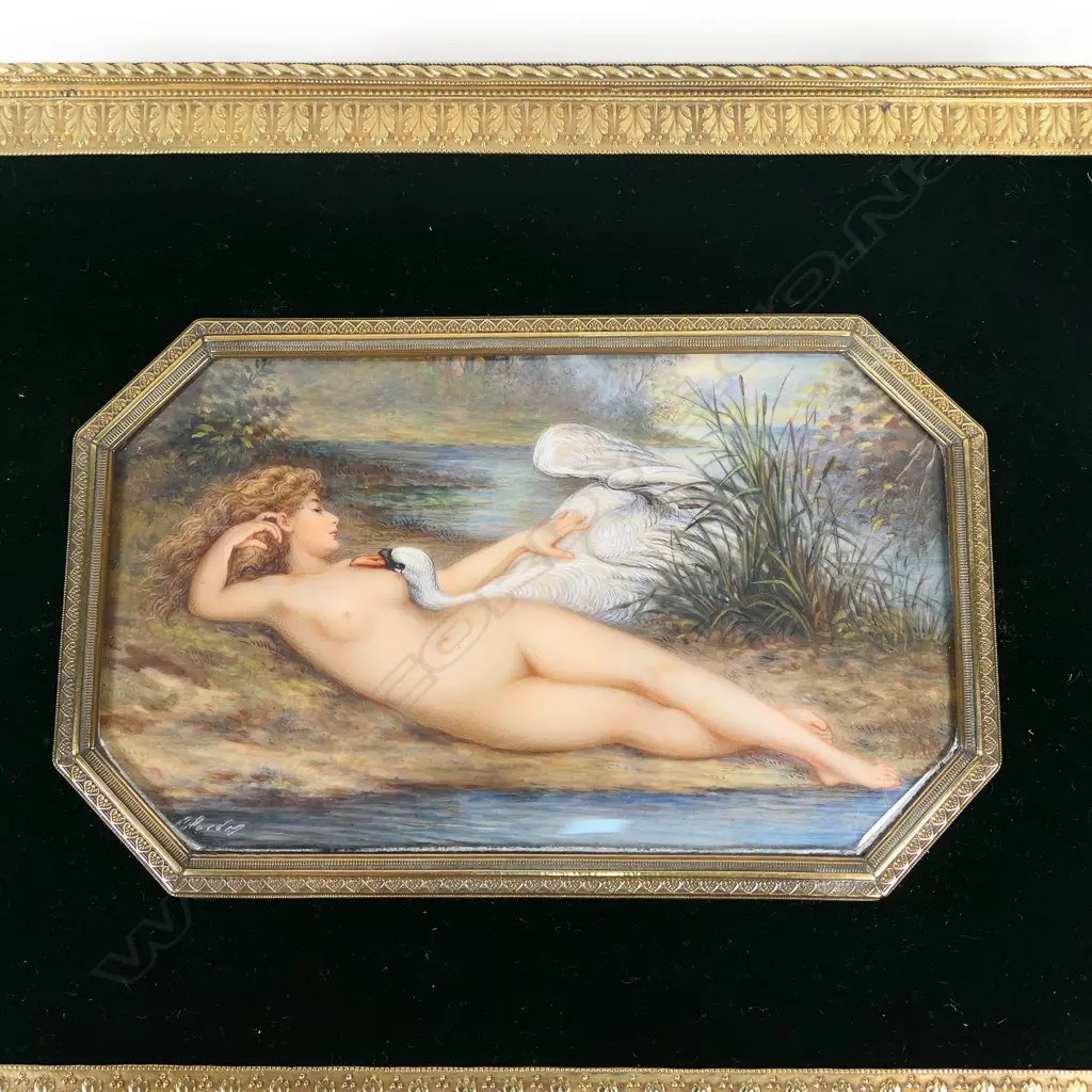 An Asprey’s, London lidded box, with painted ivory panel to the top depicting Leda and the Swan. Image 1++