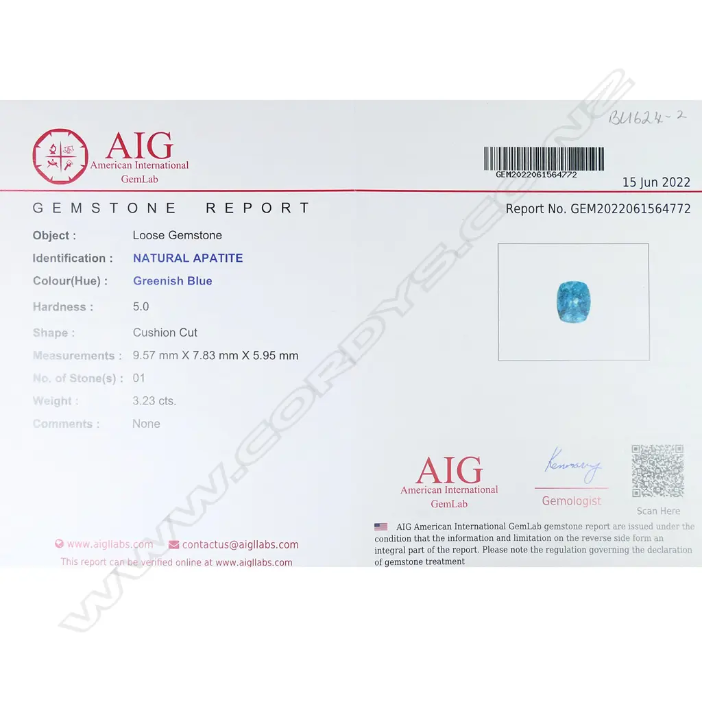 A 3.23ct, cushion cut unset apatite Image 1++