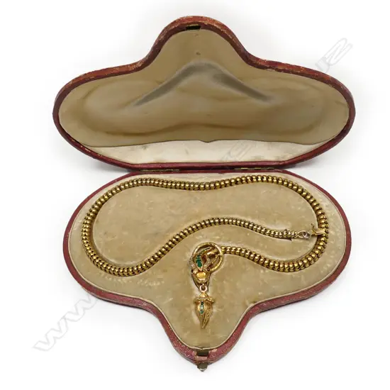 A quality 19thC 15ct yellow gold and gem set snake necklace,