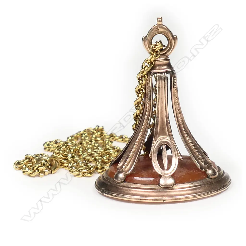 A c.1900 9ct rose gold and carnelian fob medallion on 18ct yellow gold chain, Image 1++