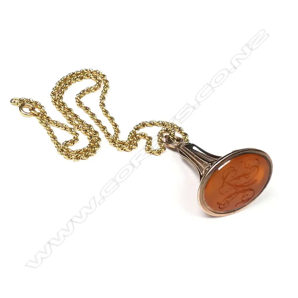 A c.1900 9ct rose gold and carnelian fob medallion on 18ct yellow gold chain, Image 1++
