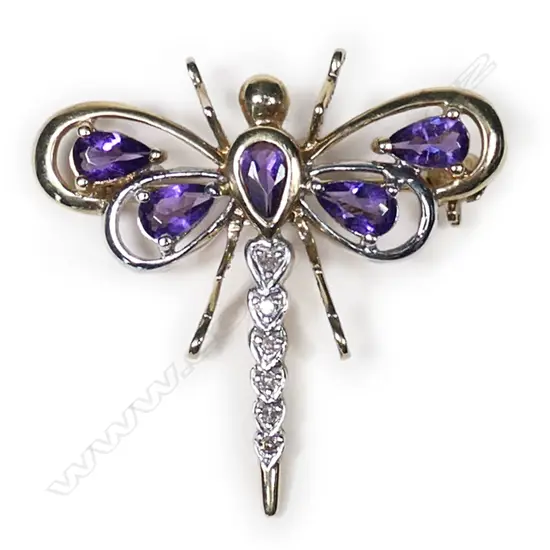 A 9ct yellow gold, amethyst and diamond dragonfly brooch,