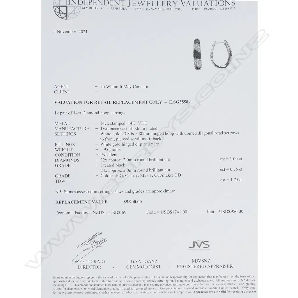 A pair of 14ct white gold and diamond hinged hoop earrings, Image 1++