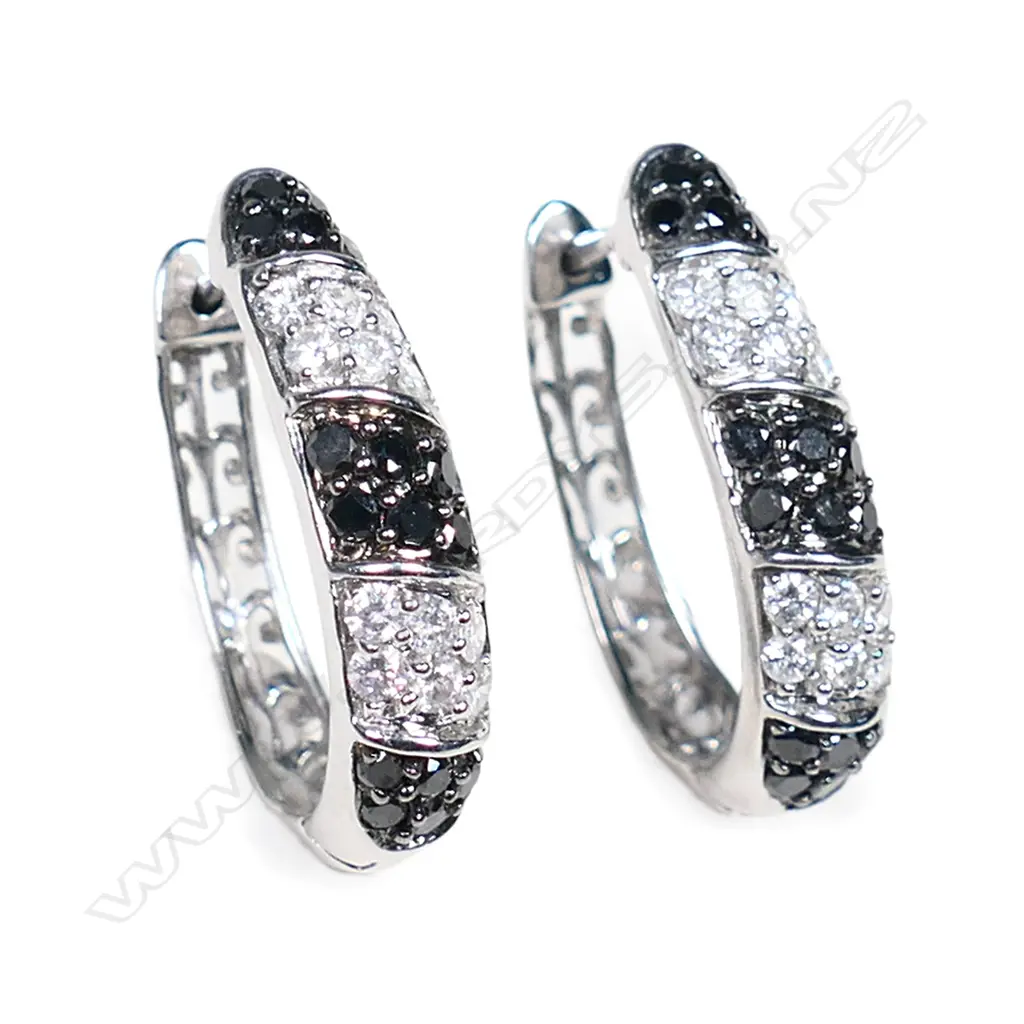 A pair of 14ct white gold and diamond hinged hoop earrings, Image 1++