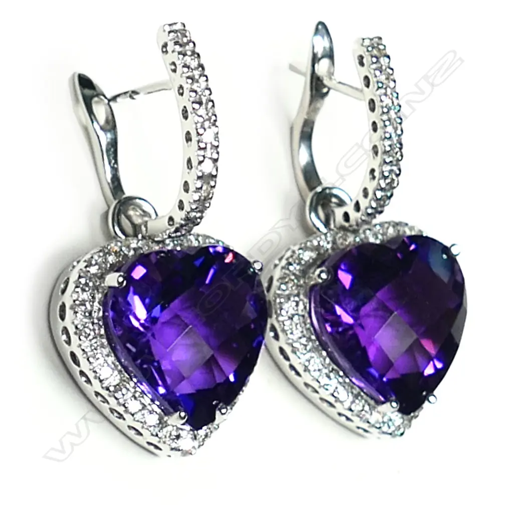 A pair of 18ct white gold diamond and amethyst earrings, Image 1++