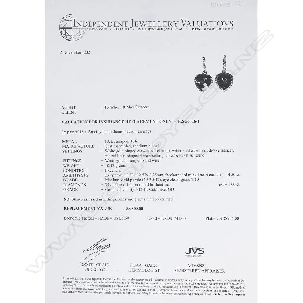 A pair of 18ct white gold diamond and amethyst earrings, Image 1++