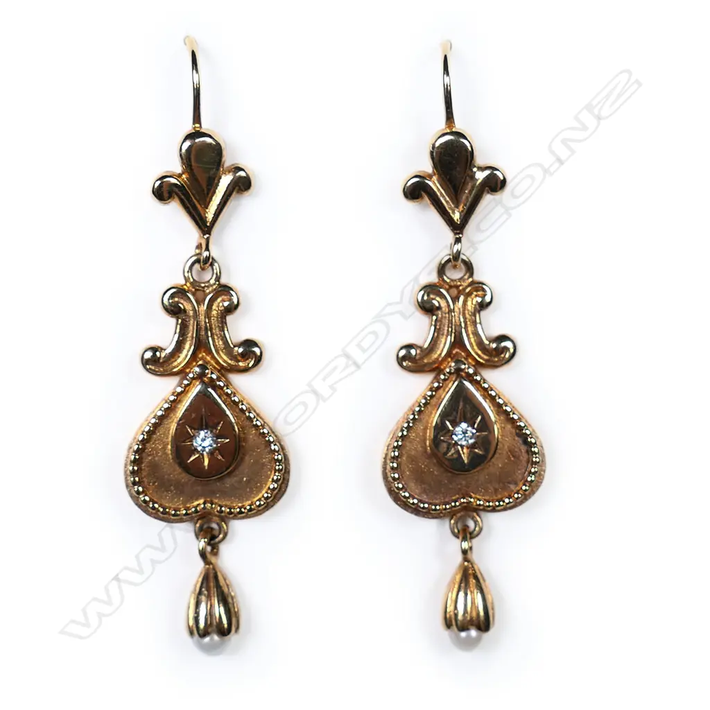 A pair of 9ct gold, diamond and pearl Victorian style drop earrings, Image 1++