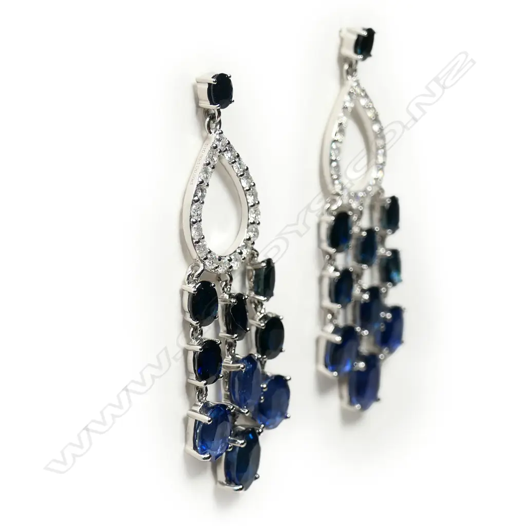 A pair of 14ct white gold, sapphire and diamond chandelier earrings, Image 1++