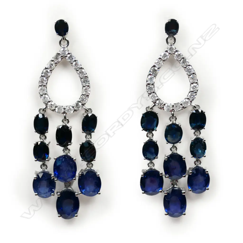 A pair of 14ct white gold, sapphire and diamond chandelier earrings, Image 1++