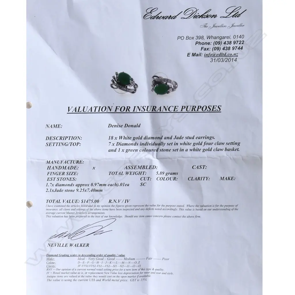 A pair of 18ct white gold, jade and diamond stud earrings, Image 1++