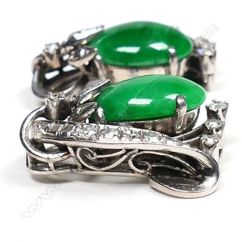 A pair of 18ct white gold, jade and diamond stud earrings, Image 1++