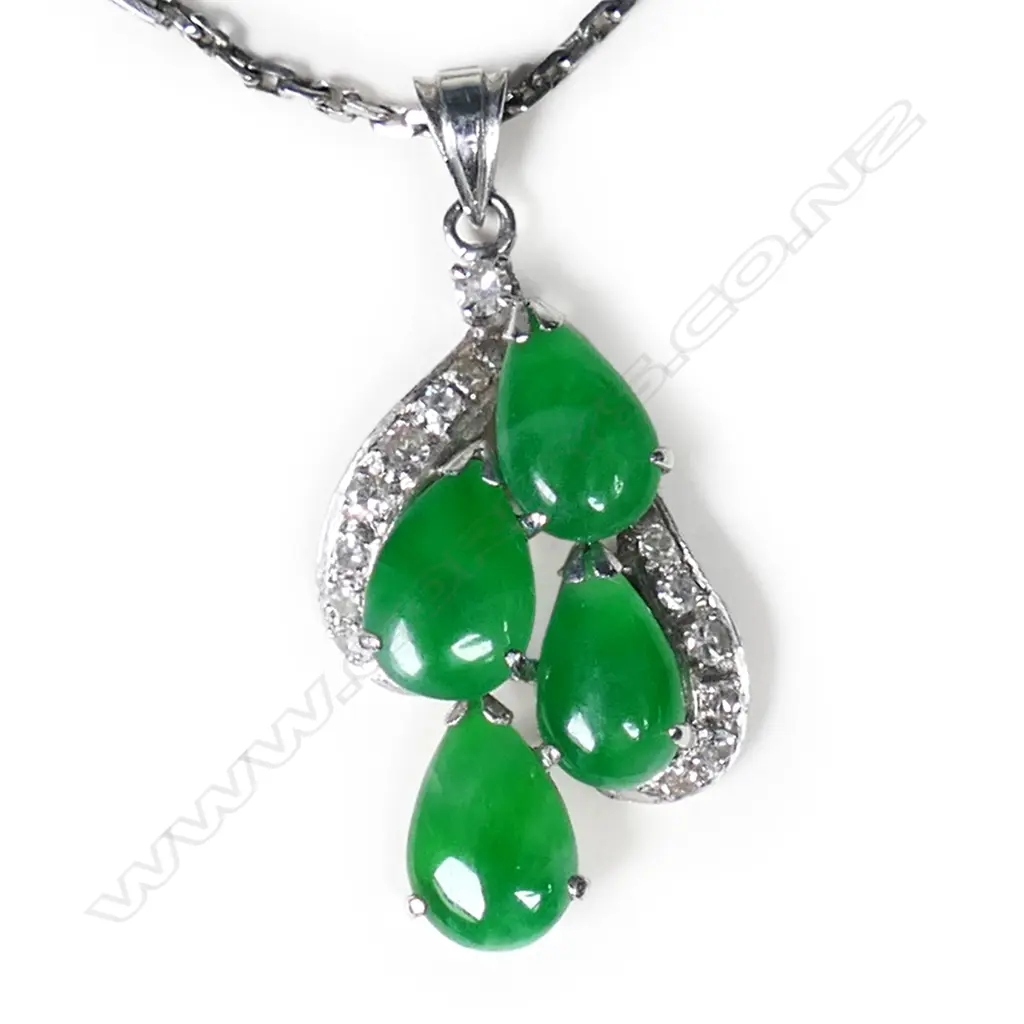 An 18ct white gold, jade and diamond pendant on chain, Image 1++