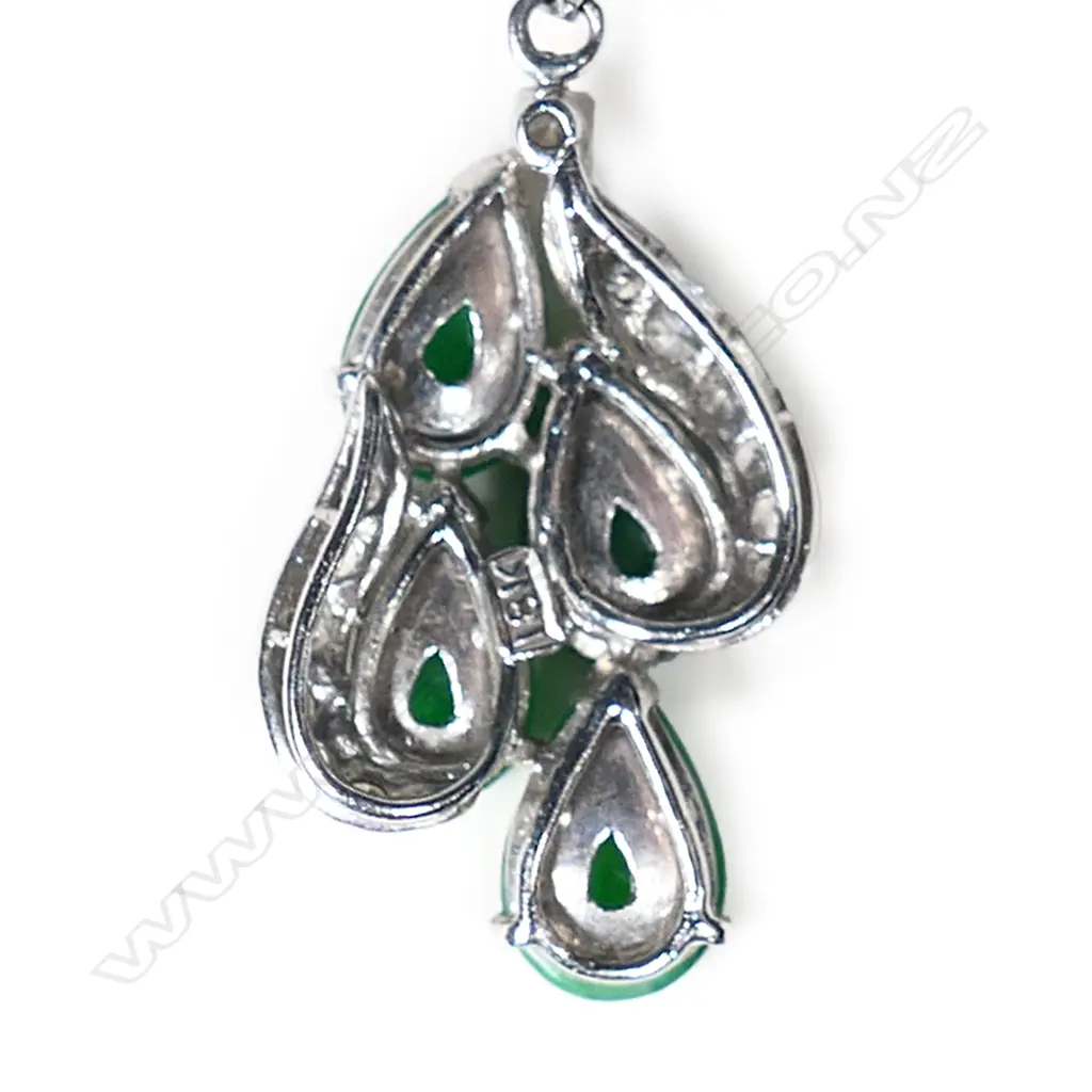 An 18ct white gold, jade and diamond pendant on chain, Image 1++