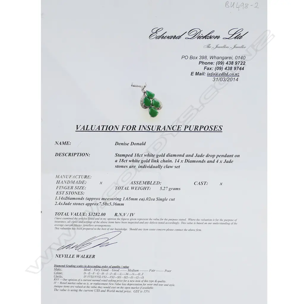An 18ct white gold, jade and diamond pendant on chain, Image 1++