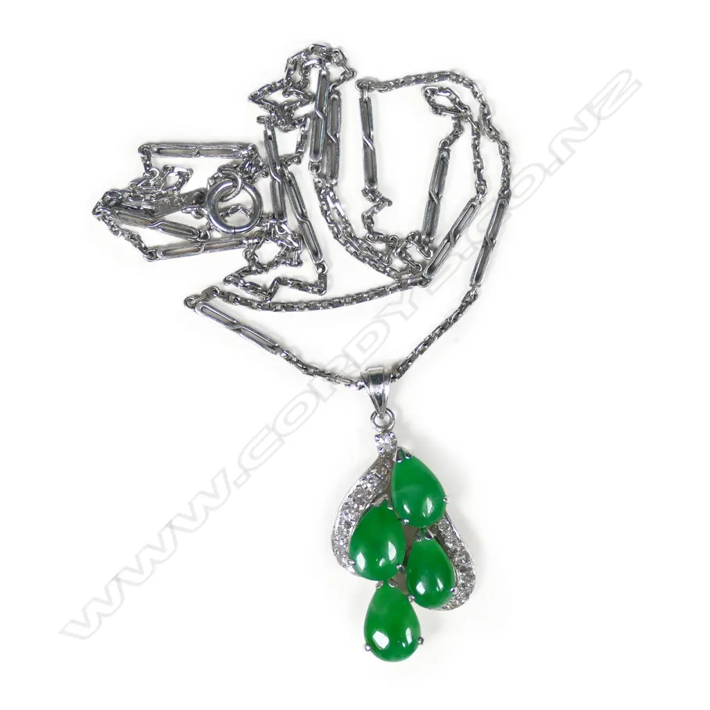 An 18ct white gold, jade and diamond pendant on chain, Image 1++