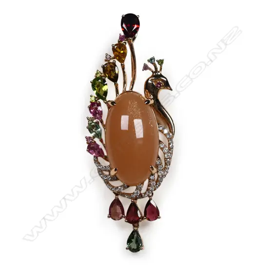 An 18ct rose gold peach sunstone, coloured tourmalines and diamond peacock pendant,