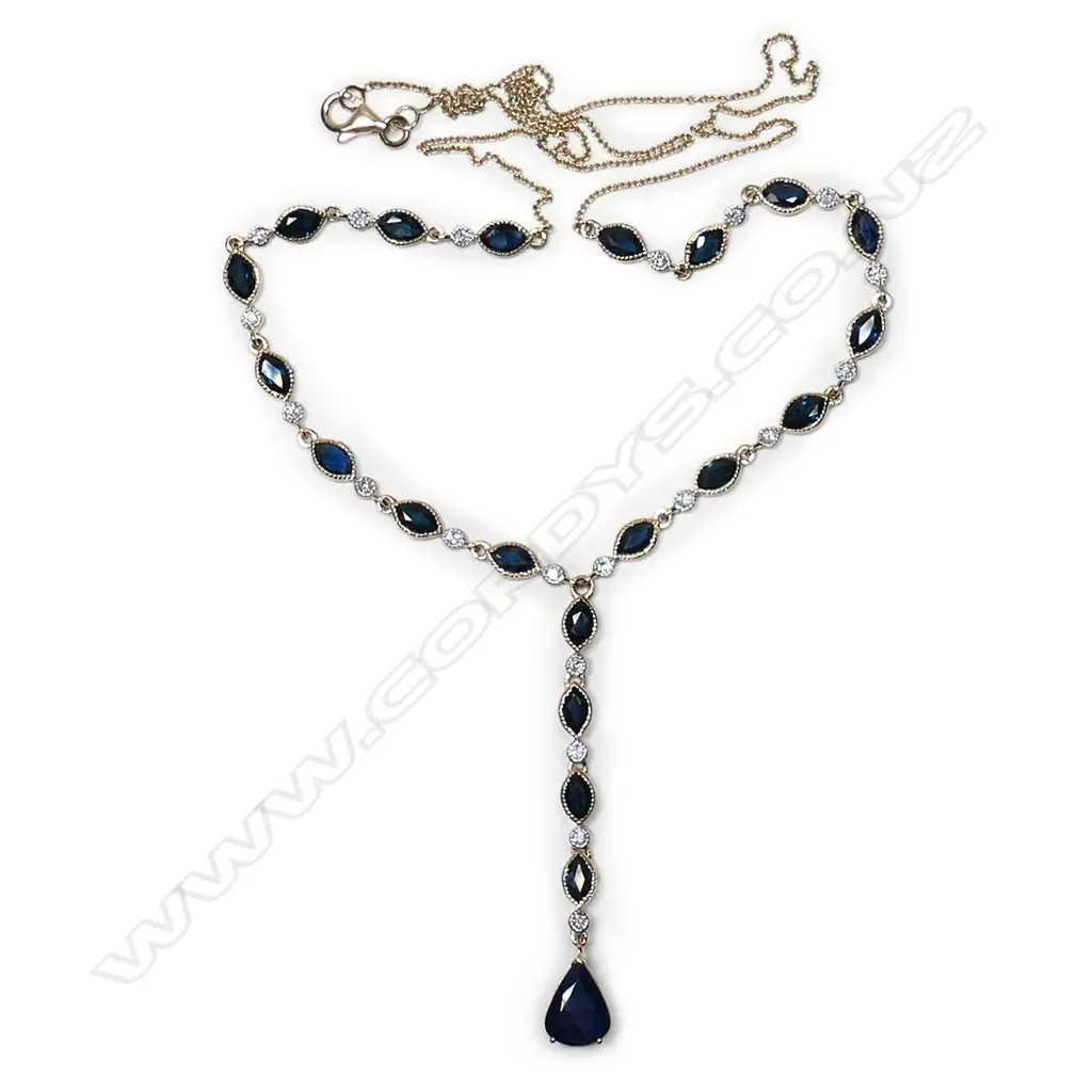 A 14ct gold, sapphire and diamond drop necklace, Image 1++