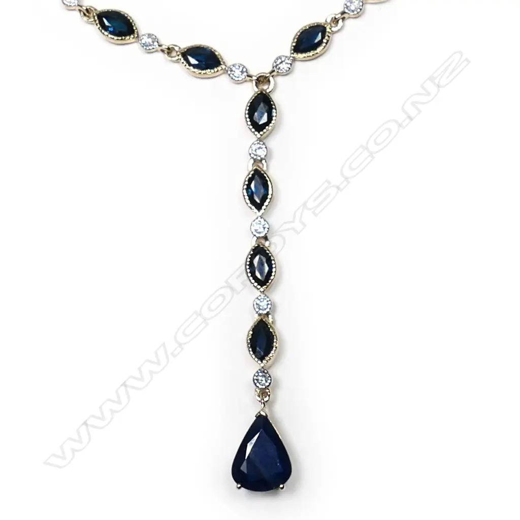 A 14ct gold, sapphire and diamond drop necklace, Image 1++