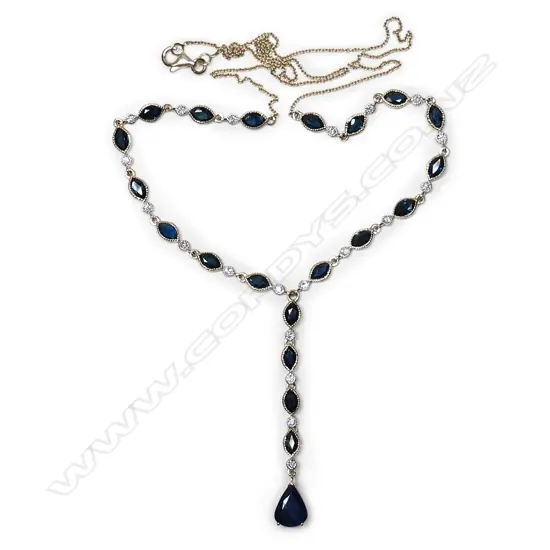 A 14ct gold, sapphire and diamond drop necklace,