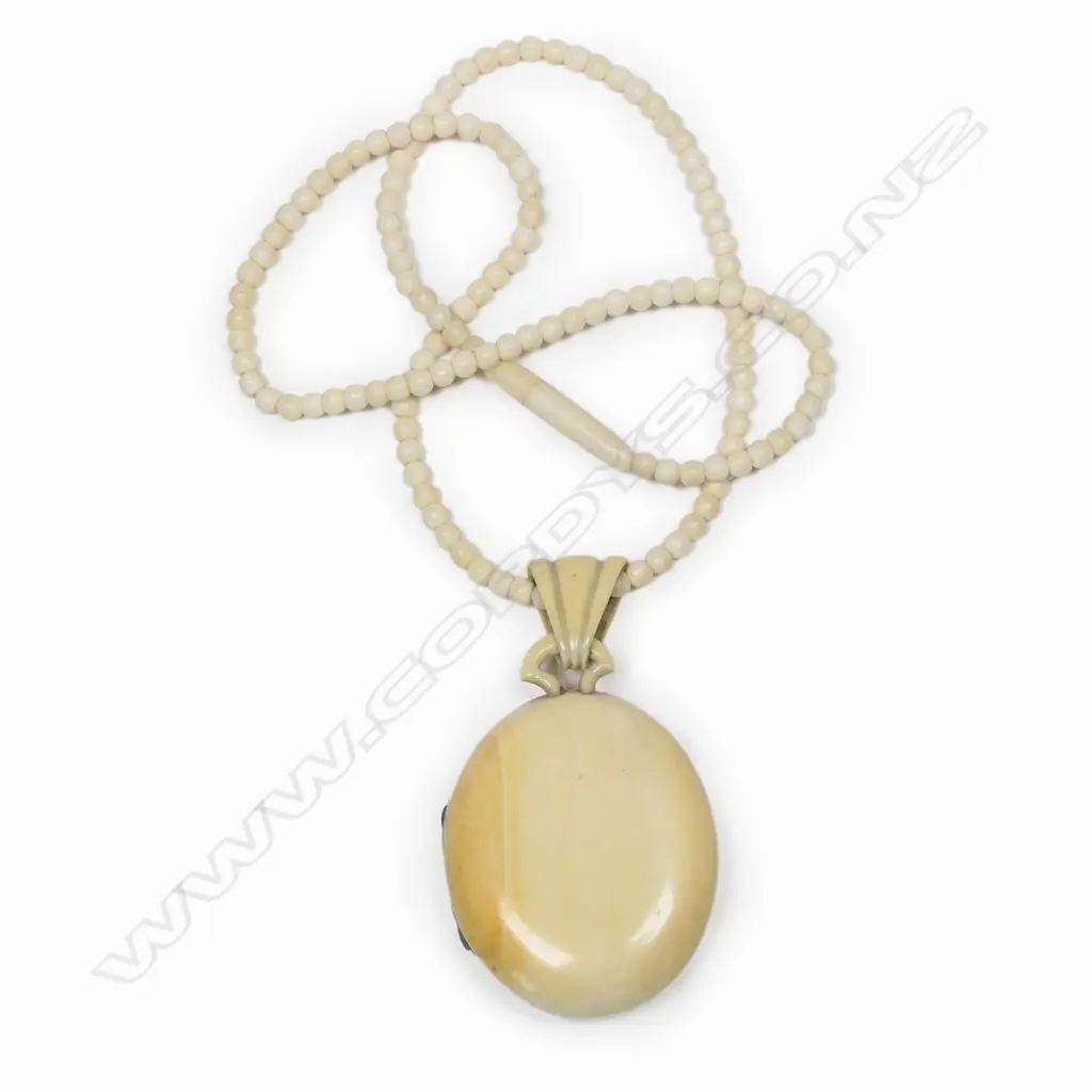 A vintage ivory mourning locket on ivory chain, Image 1++