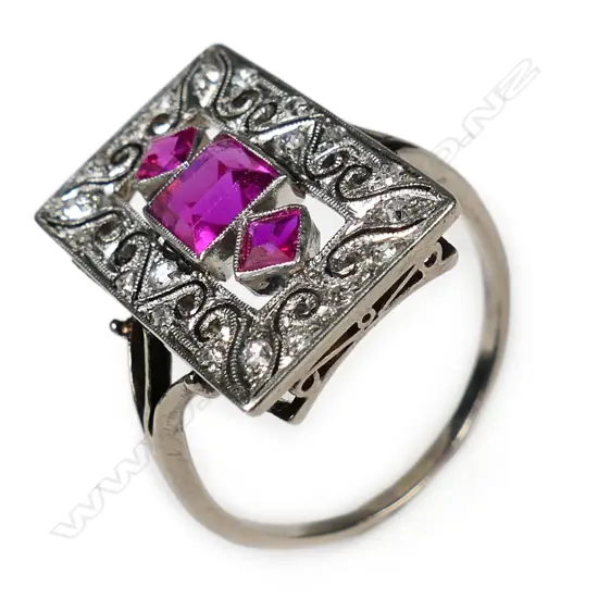 An Art Deco 18ct white gold red stone and diamond ring,