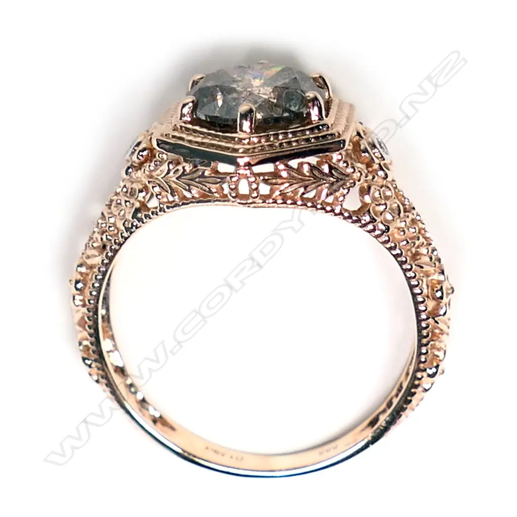 A 14ct rose gold and champagne diamond antique style ring, Image 1++