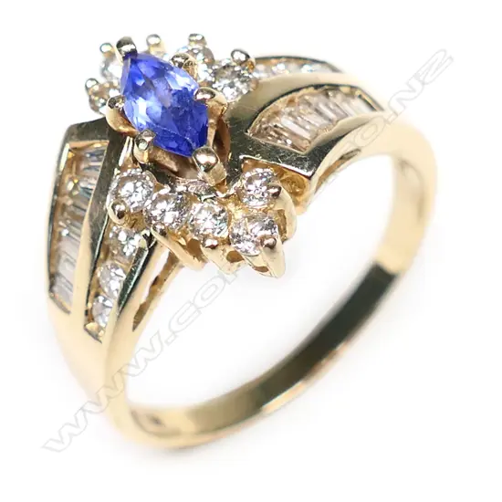 A 14ct gold, tanzanite and diamond ring,