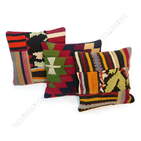 Three scatter cushions with old Turkish kilim faces,