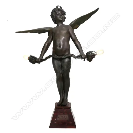 An early 20thC patinated spelter figural lamp entitled 'Vici' (I Conquered) after Auguste Moreau (French 1834-1917),