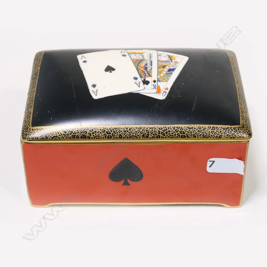 A vintage Crown Devon china playing card decorated music box, Image 1++