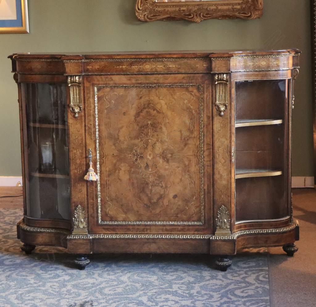 A high quality Victorian burr walnut marquetry inlaid credenza, Image 1++