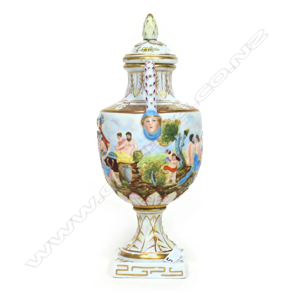 A small Italian Capo-di-monte porcelain two handled urn and cover Image 1++