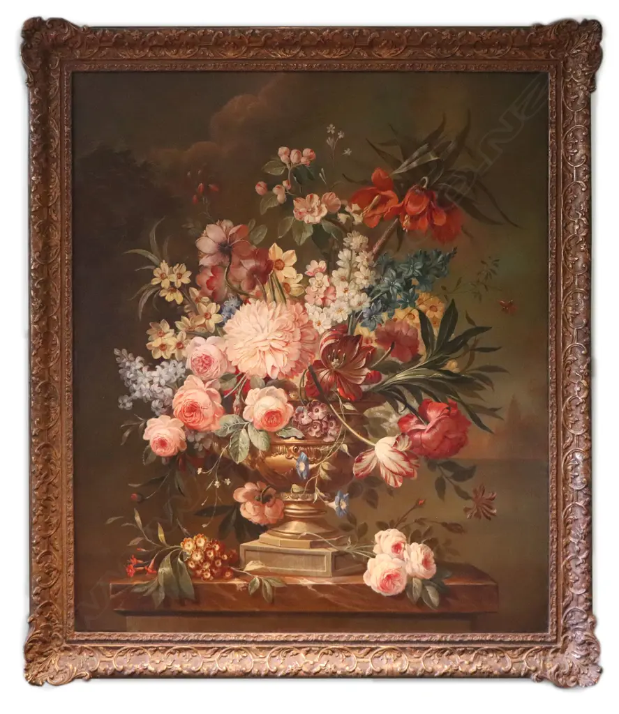 An 18th/19thC Dutch still life, oil on canvas, artist unknown, unsigned. 1050 x 910mm. Note: This finely worked still life is in its original gilded frame. Provenance: Ex. an English family estate inheritance. Image 1++